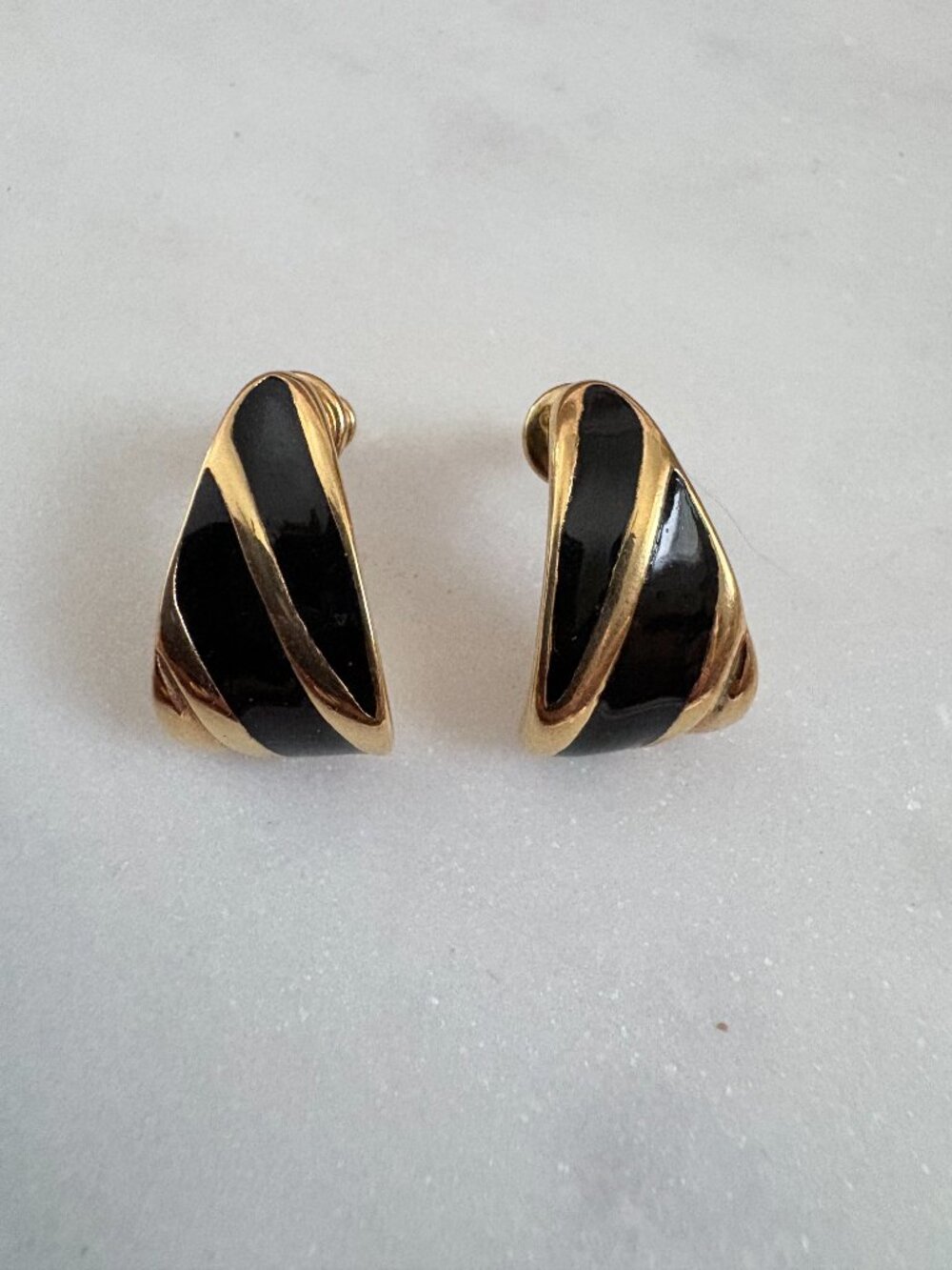 Vintage Monet Gold Tone Black Enamel Striped Half Hoop Stud Post Earrings